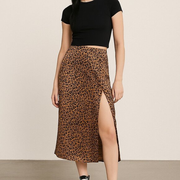 Urban Outfitters Edy Midi Leopard Slip Skirt S Slit Brown Black Satiny Coquette - Picture 1 of 8